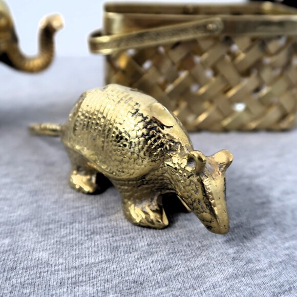 Vintage Brass Armadillo Elephant and Woven Brass Basket Sculptures Set of 3 - Picture 8 of 13